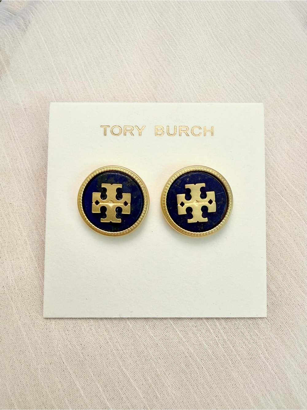 Tory Burch Gold-Tone Lapis Blue Double T Logo Stud Earrings